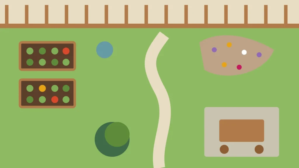 Illustration of a backyard from above with raised vegetable beds, a winding path, a flower border, a patio and a tree