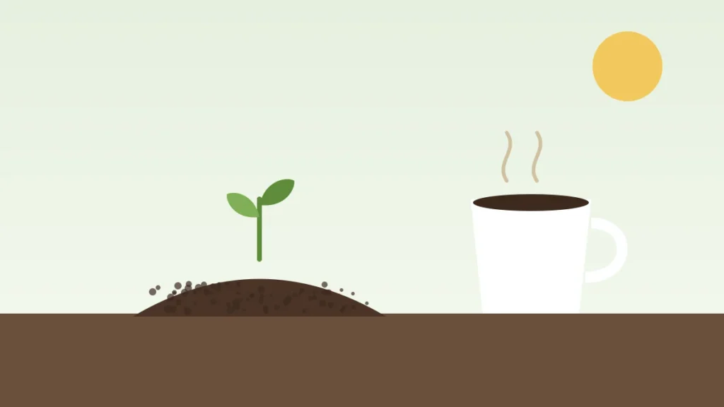 Illustration of a coffee cup beside a mound of coffee grounds with a seedling growing from it