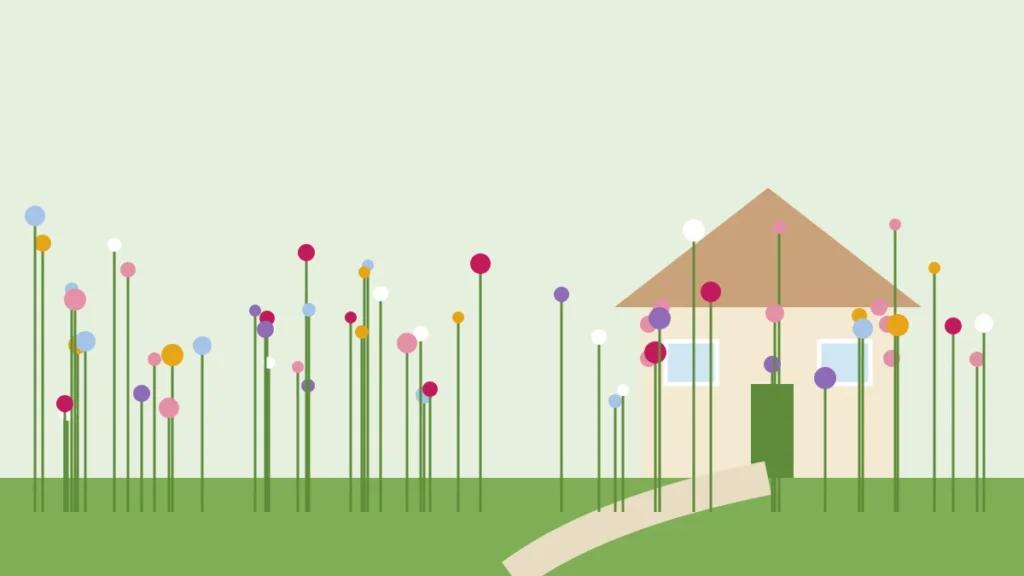 Illustration of a cottage with roses beside a path through an abundant flower garden