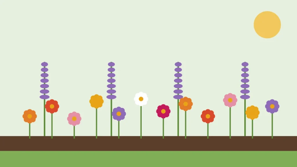 Illustration of a colorful flower bed with tall purple spires behind rows of bright blooms