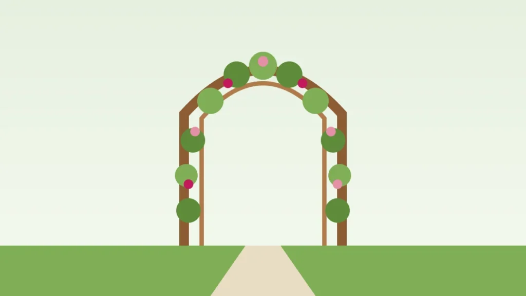 Illustration of a wooden garden arch covered in climbing roses over a path
