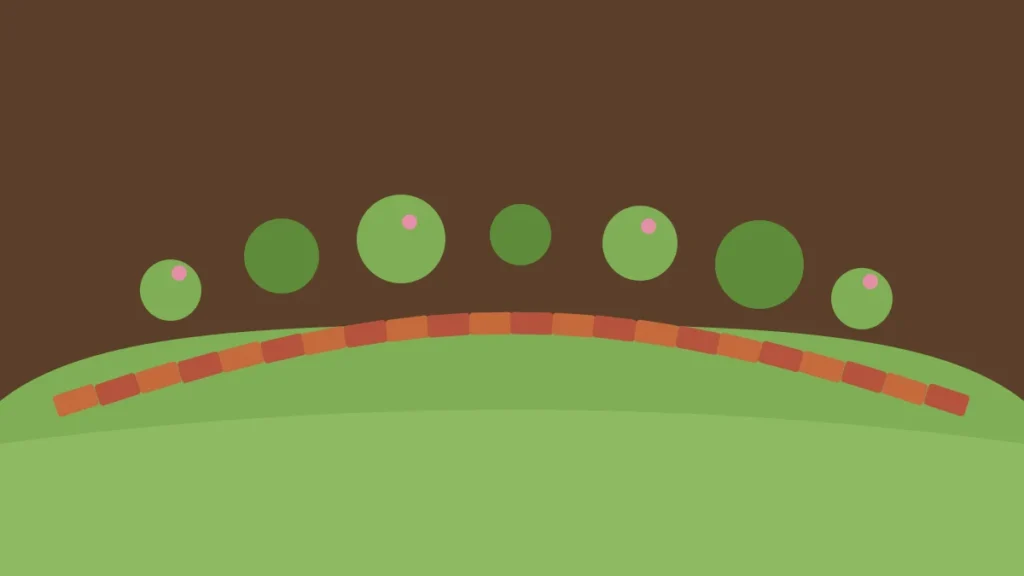 Illustration of a curved brick edge separating a planted garden bed from the lawn