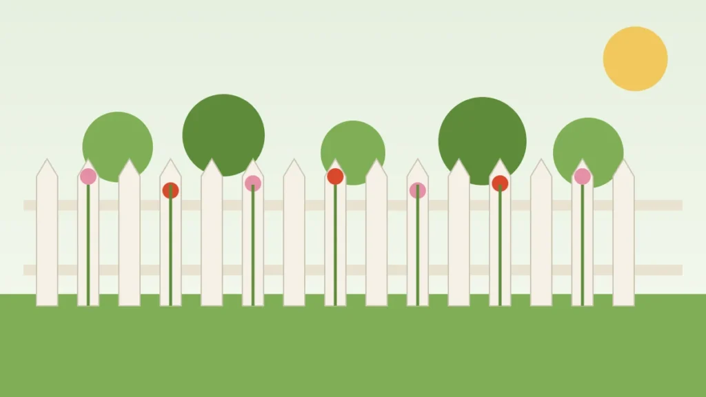 Illustration of a white picket fence in front of a flowering garden