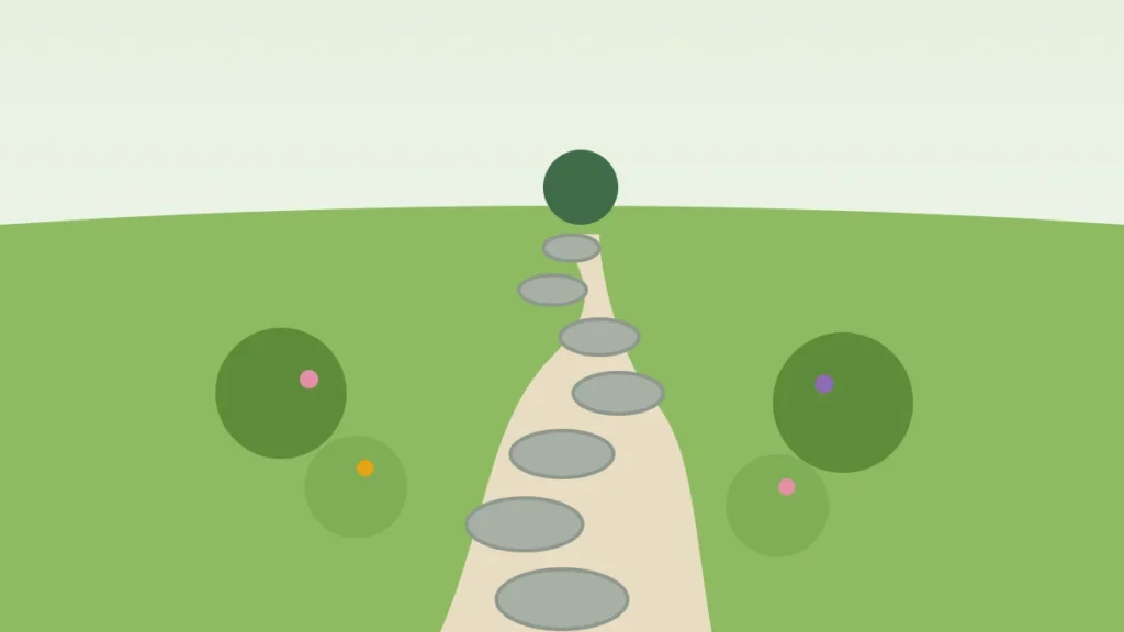 Illustration of a curving garden path with stepping stones leading through planted beds