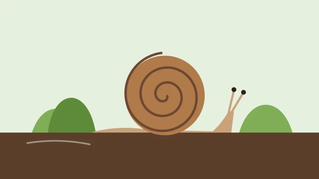 Illustration of a garden snail with a spiral shell leaving a slime trail beside lettuce plants