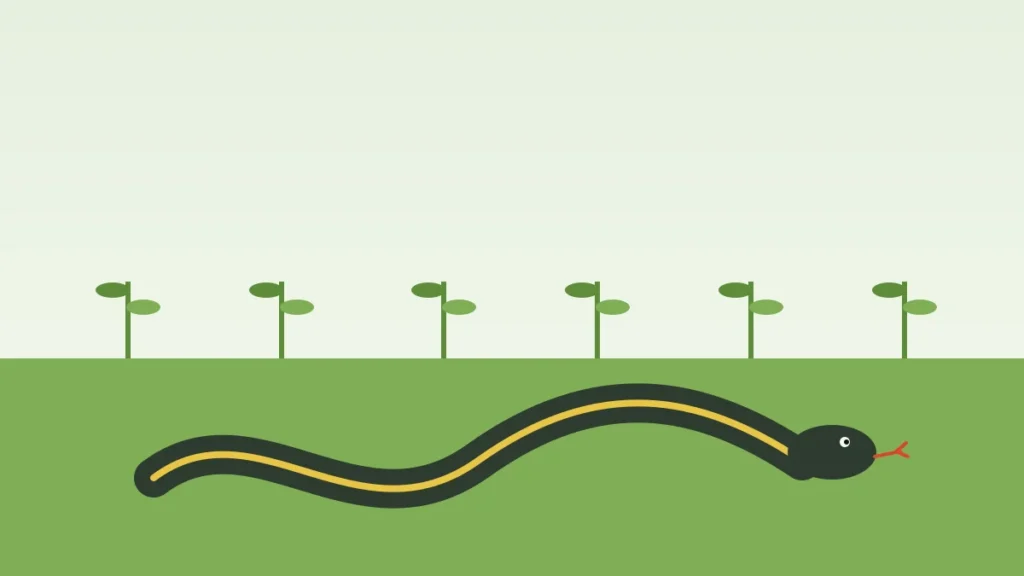 Illustration of a striped garter snake moving through a vegetable garden