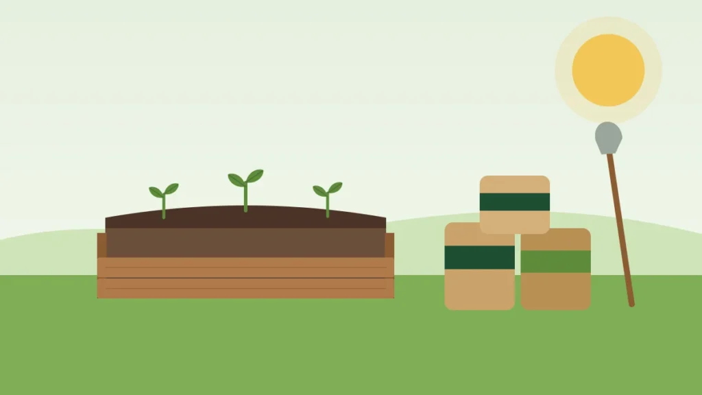 Illustration of a raised bed filled with soil beside bags of soil mix and a shovel