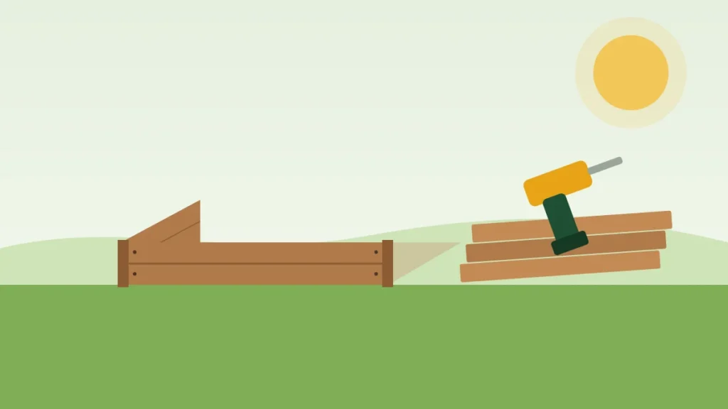 Illustration of a wooden raised garden bed frame being built beside stacked boards and a drill