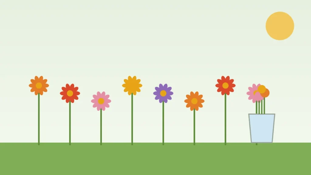 Illustration of a row of colorful cut flowers beside a vase bouquet