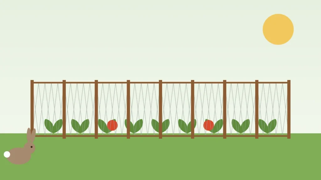 Illustration of a rabbit outside a wire garden fence protecting rows of vegetables