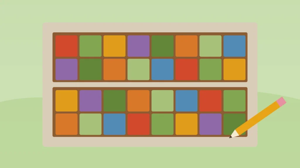 Illustration of a top-down vegetable garden plan with colored planting squares
