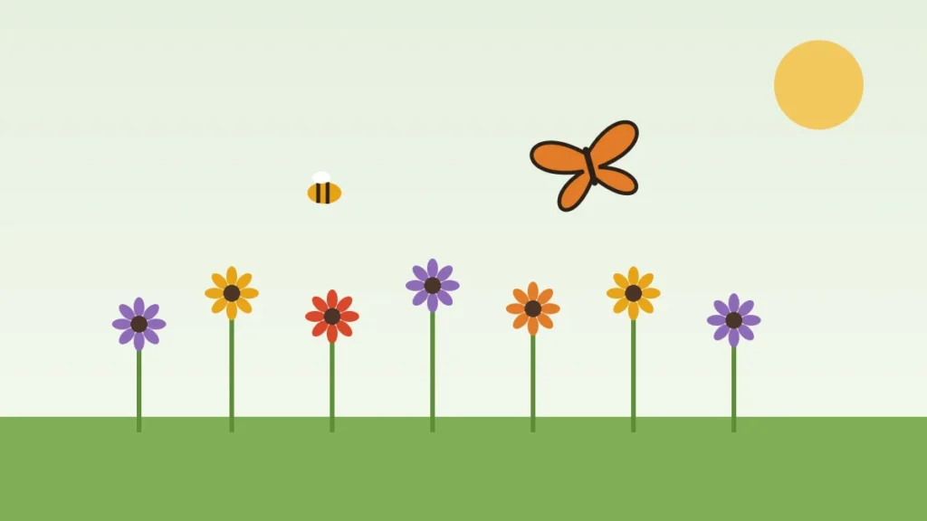Illustration of a butterfly and a bee visiting colorful flowers in a pollinator garden