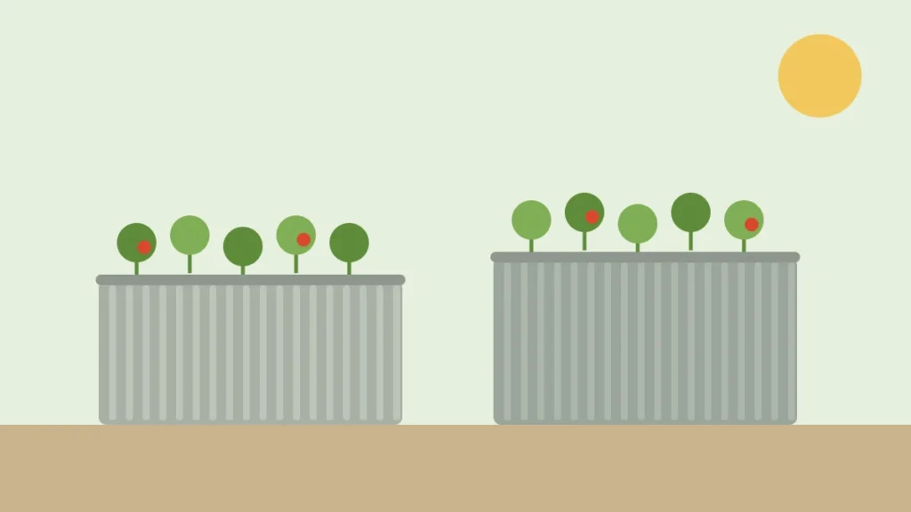 Illustration of two corrugated metal raised garden beds planted with vegetables