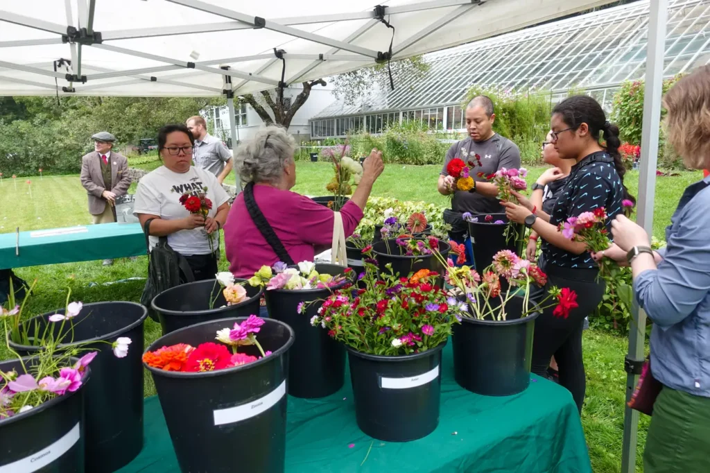 A bouquet-making station beside a cutting garden