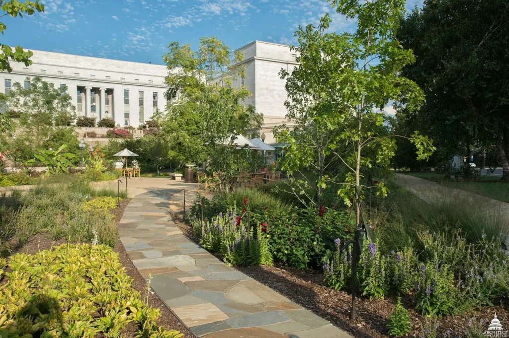 A stone path through planted beds in a public garden