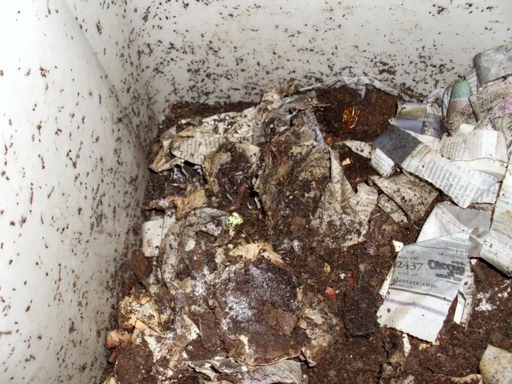 Worms breaking down food scraps in a worm composting bin