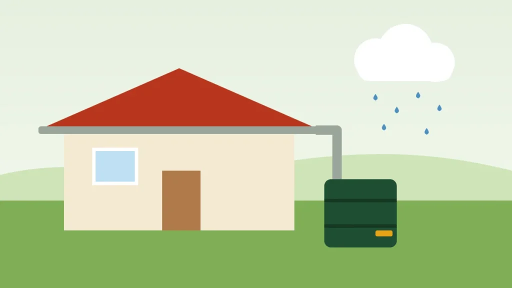 Illustration of a house gutter and downspout filling a rain barrel during rain