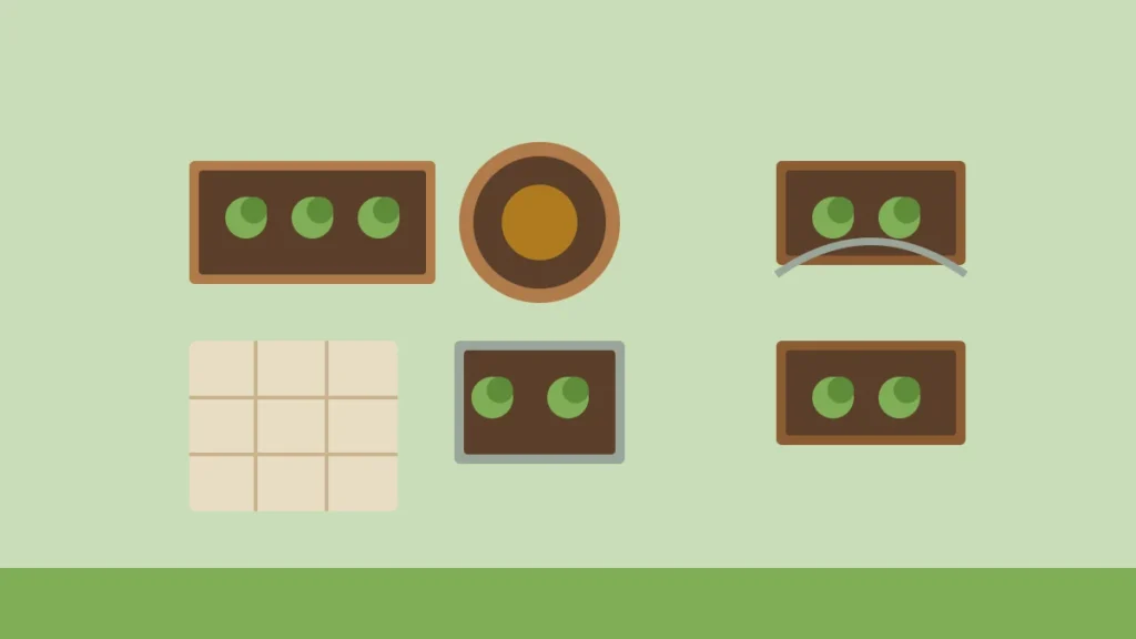 Illustration of several raised garden bed designs seen from above, including wood, metal, round and arched trellis beds