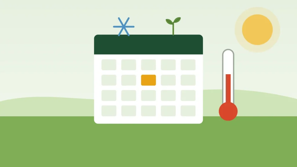 Illustration of a calendar with a frost date marked, a snowflake, a sprout and a thermometer