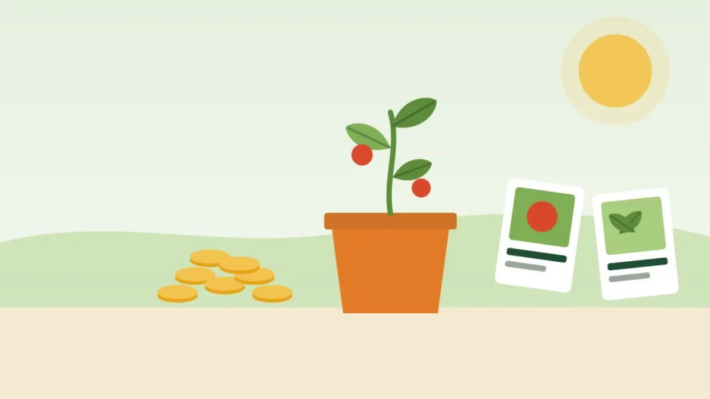Illustration of a tomato plant growing in a pot beside a pile of coins and seed packets